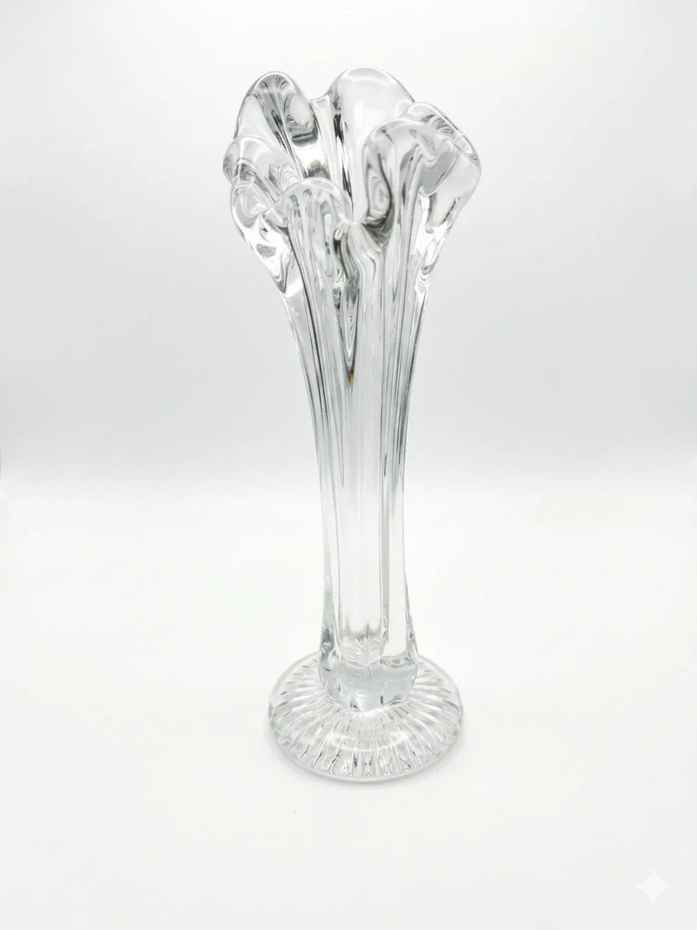 Vintage Heavy Crystal Ruffled Vase Hollywood Regency Trumpet Vase 7.5” Decor